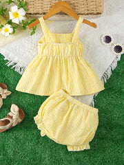 Bow Decor 2pcs Casual Summer Suit Sleeveless Ruffle Top and Ruffle Decorated Shorts
