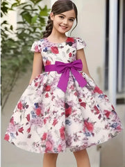 Slim-Fit Bodice & Flared Rose Floral Print Dress with Red Ribbon Belt Skirt