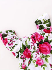 Cute Flying Sleeves and Rose Print Newborn Romper with Headwear Set