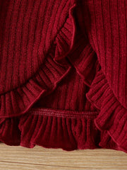Solid Rib Knit Ruffle Trim Round Neck Long-sleeve Cardigan/Crop Top