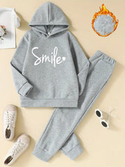 2pcs Long Sleeve Hooded Casual Smile Heart Print Polyester Set