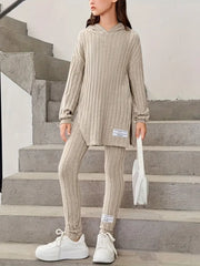 2pcs Ribbed Knit Long Sleeve Top + Pants Set