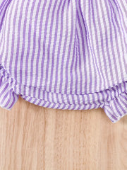 2pcs Charming Striped Bubble Cami Top with Bow & Ruffled Shorts Summer Outfit Set