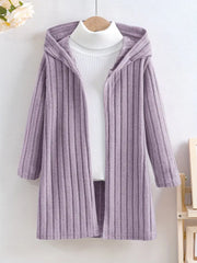 Solid Color Rib-knit Open Front Hooded