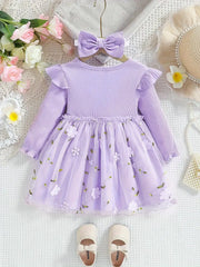 Round Neck Long Sleeve Cute Mesh Knee-Length Fashionable Dress + Bow Headband Two-Piece Set