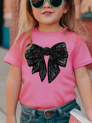 Sparkling Bow Print Tee Crew Neck Short Sleeve T-Shirt