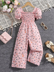 Floral Print Summer Jumpsuit with Puff Sleeves