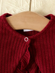 Solid Rib Knit Ruffle Trim Round Neck Long-sleeve Cardigan/Crop Top