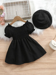 Bubble Sleeve Plain Color Dress with Cute Hat Two-piece Set