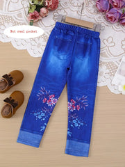 Flower Graphic Imitation Denim Print Leggings Pants