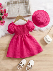 Bubble Sleeve Plain Color Dress with Cute Hat Two-piece Set