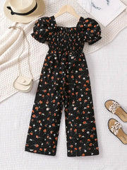 Floral Print Summer Jumpsuit with Puff Sleeves