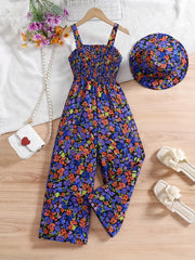 Floral Print Sleeveless Jumpsuit with Matching Beach Hat