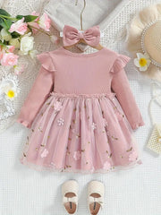 Round Neck Long Sleeve Cute Mesh Knee-Length Fashionable Dress + Bow Headband Two-Piece Set
