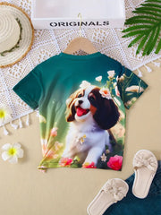 3D Puppy & Floral Print T-Shirt