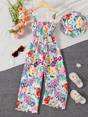 Floral Print Sleeveless Jumpsuit with Matching Beach Hat
