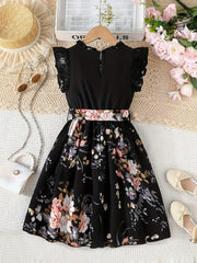 Floral Print Pleated Dress with Flutter Sleeves and Belt