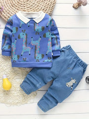 2pcs Cartoon Giraffe Pattern Turndown Collar Pullover & Casual Embroidery Set