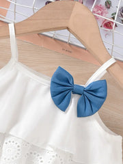 2pcs Ruffles Flower Hollow Bow Cami Top & Elastic Waist Plaid Shorts Set