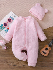 Plush Winter Warm Zipper Romper with Matching Hat