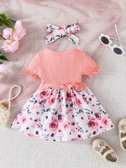 Baby Girls Cute Casual Ruffled Stitching Flower Ribbed Dress & Bow Headband Set