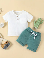 2pcs Short Sleeve Shirt Cotton Blend Breathable Summer Set