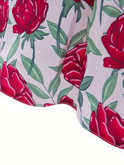Slim-Fit Bodice & Flared Rose Floral Print Dress with Red Ribbon Belt Skirt