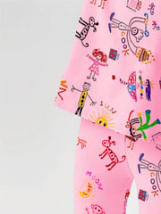Short Sleeve Outfit for Outdoor Pink Graffiti Print Casual T-Shirt and Shorts Set