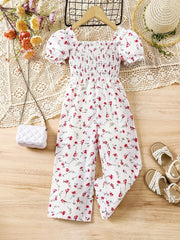 Floral Print Summer Jumpsuit with Puff Sleeves