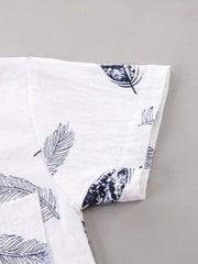 2pcs Set Feather Pattern Short Sleeve Shirt & Shorts