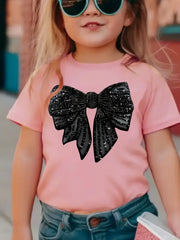 Sparkling Bow Print Tee Crew Neck Short Sleeve T-Shirt