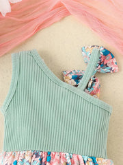 Summer Floral One-Shoulder Matching Bow Headband Romper