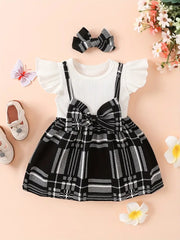 2pcs Splicing Suspender Dress Fly Sleeve Bow Plaid Dress & Headband Set