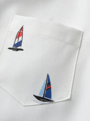 Casual & Formal White Button-Up Nautical-Themed Short Sleeve Shirt