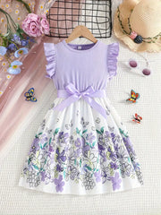 Flower Graphic Flutter Trim Sleeveless Dress With Bow