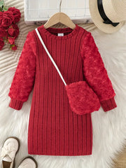 Fuzzy Round Neck Velvet-Textured Ribbed Long Sleeve Dress