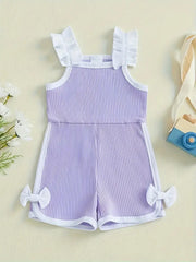 Sleeveless Ruffle Detail White Bow Accents Cute Summer Cotton Romper