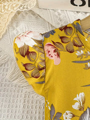 Elegant Floral Print for Lotus Sleeve Mid-Long Dress + Belt