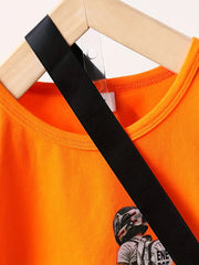 Letter & Motorcycle Print Casual Outfit Round Neck T-shirt & Shorts & Crossbody Bag