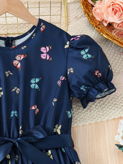 Summer Bubble Sleeve Butterfly Print Pleated Belted Dress