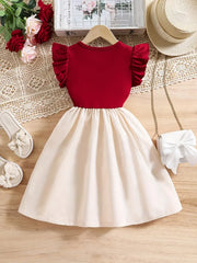 Casual Round Neck Fit and Flare Apricot Ruffle Sleeve Dress