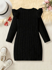Solid Color Ruffled Sleeve Long Sleeve Dress with Bow Detail