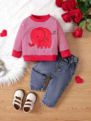 2pcs Striped Elephant Pattern Long Sleeve Top & Denim Trousers Set