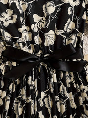 Summer Bubble Sleeve Butterfly Print Pleated Belted Dress