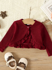 Solid Rib Knit Ruffle Trim Round Neck Long-sleeve Cardigan/Crop Top