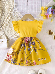 Casual Polyester Floral Print Dress with Ruffled Sleeves and Bow Detail