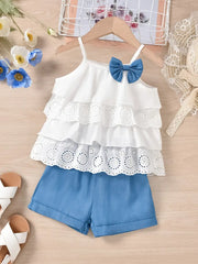 2pcs Ruffles Flower Hollow Bow Cami Top & Elastic Waist Plaid Shorts Set