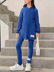 2pcs Ribbed Knit Long Sleeve Top + Pants Set