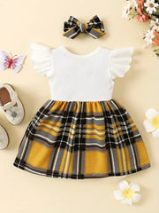 2pcs Splicing Suspender Dress Fly Sleeve Bow Plaid Dress & Headband Set