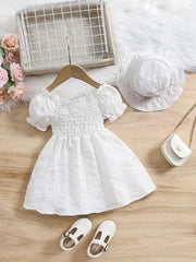 Bubble Sleeve Plain Color Dress with Cute Hat Two-piece Set